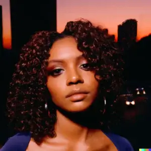 An AI-generated photograph of a woman with a neutral expression, set against the backdrop of a vibrant sunset and a cityscape of high-rise buildings.