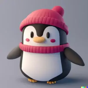 An AI-generated 3d image depicting a penguin wearing a cozy red scarf and a matching winter hat, set against a neutral gray background.