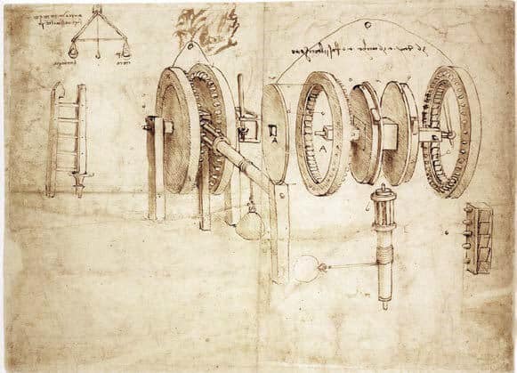 Machinery presented in an "exploded" or "transparent" view from Leonardo da Vinci's Codex Atlanticus.