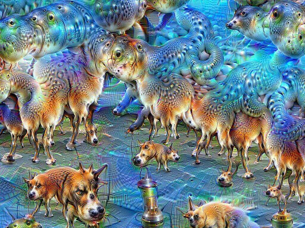 An AI-generated image of unidentified animals produced by Deep Dream, rendered in surreal and dreamlike swirling patterns and vibrant colors.