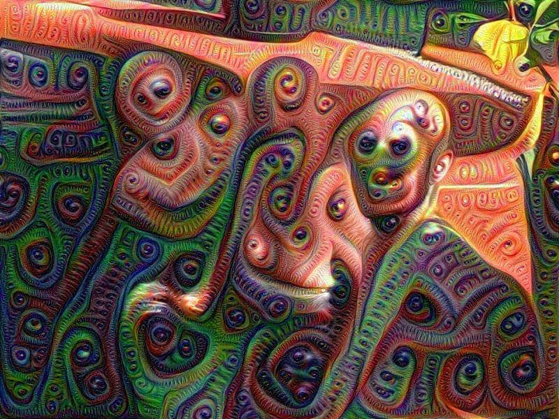 An AI-generated image of people produced by Deep Dream, rendered in surreal and dreamlike swirling patterns and vibrant colors.