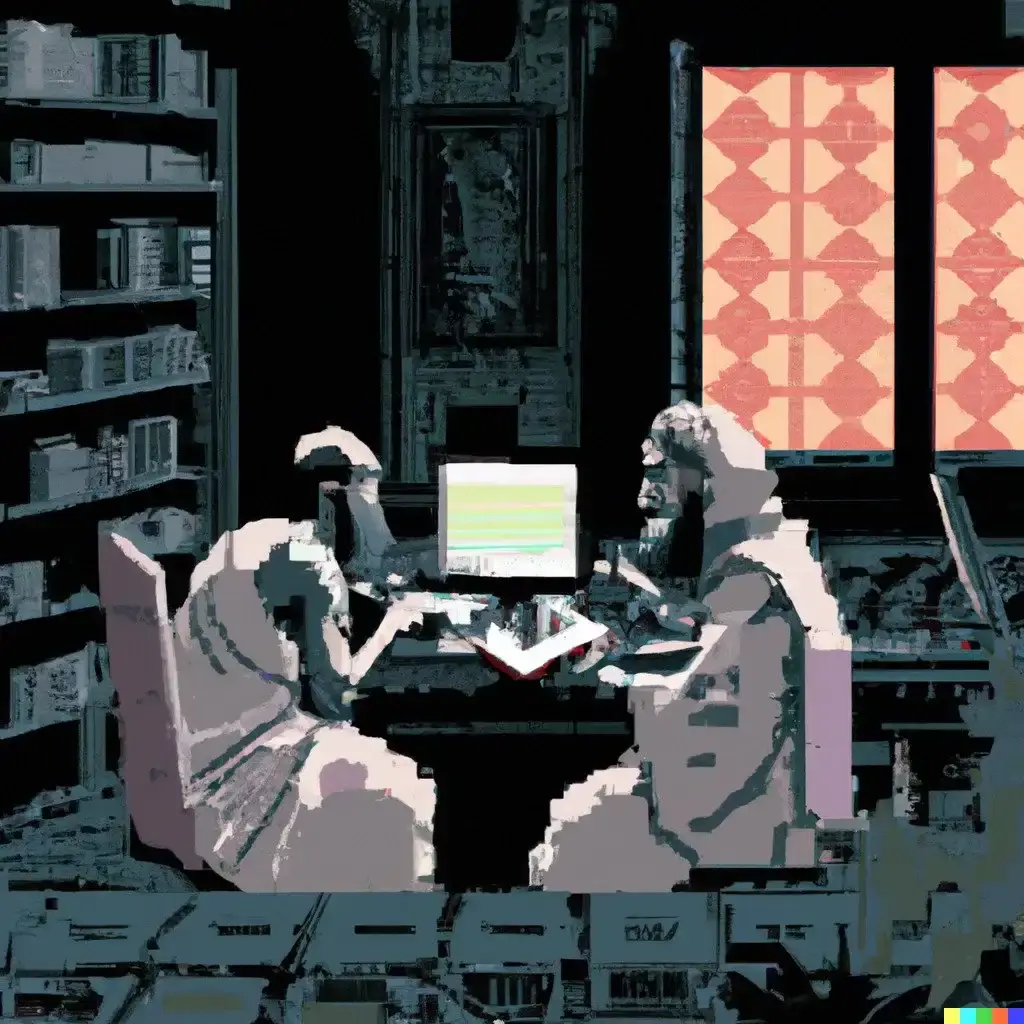 Monks sitting in a conservatory in front of a computer. Digital art generated using DALL-E 2.