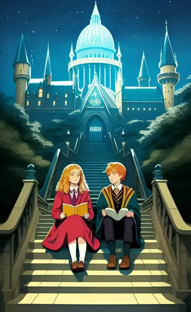 An AI-generated digital art featuring Harry Potter's Ron Weasley and Hermione Granger sitting on a staircase in front of Hogwarts, holding books and looking at each other