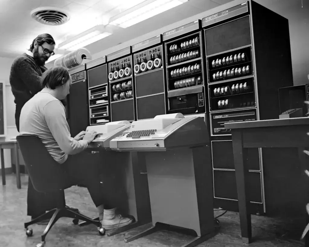 Ken Thompson and Dennis Ritchie at PDP-11 computer.