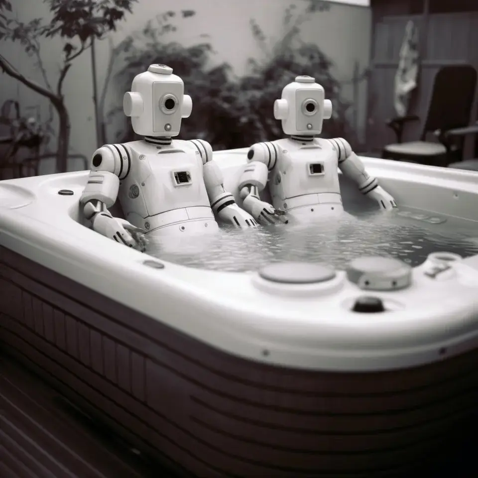 An AI-generated image featuring two robots, sitting in a hot tub. The characters are positioned in a relaxed and casual manner.