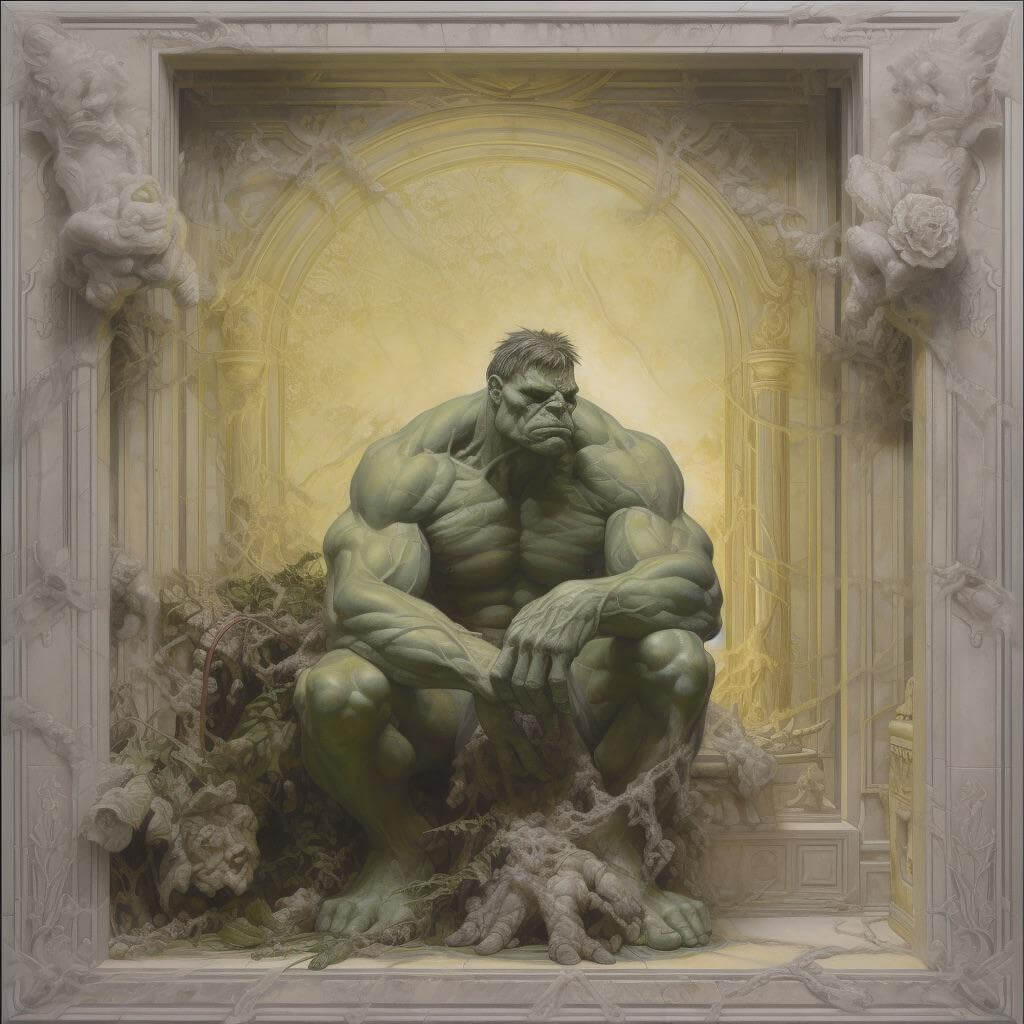 An AI-generated image featuring Marvel's iconic character, the Hulk, within an ancient architectural setting. Positioned between towering columns, the character is depicted in a moment of contemplation.