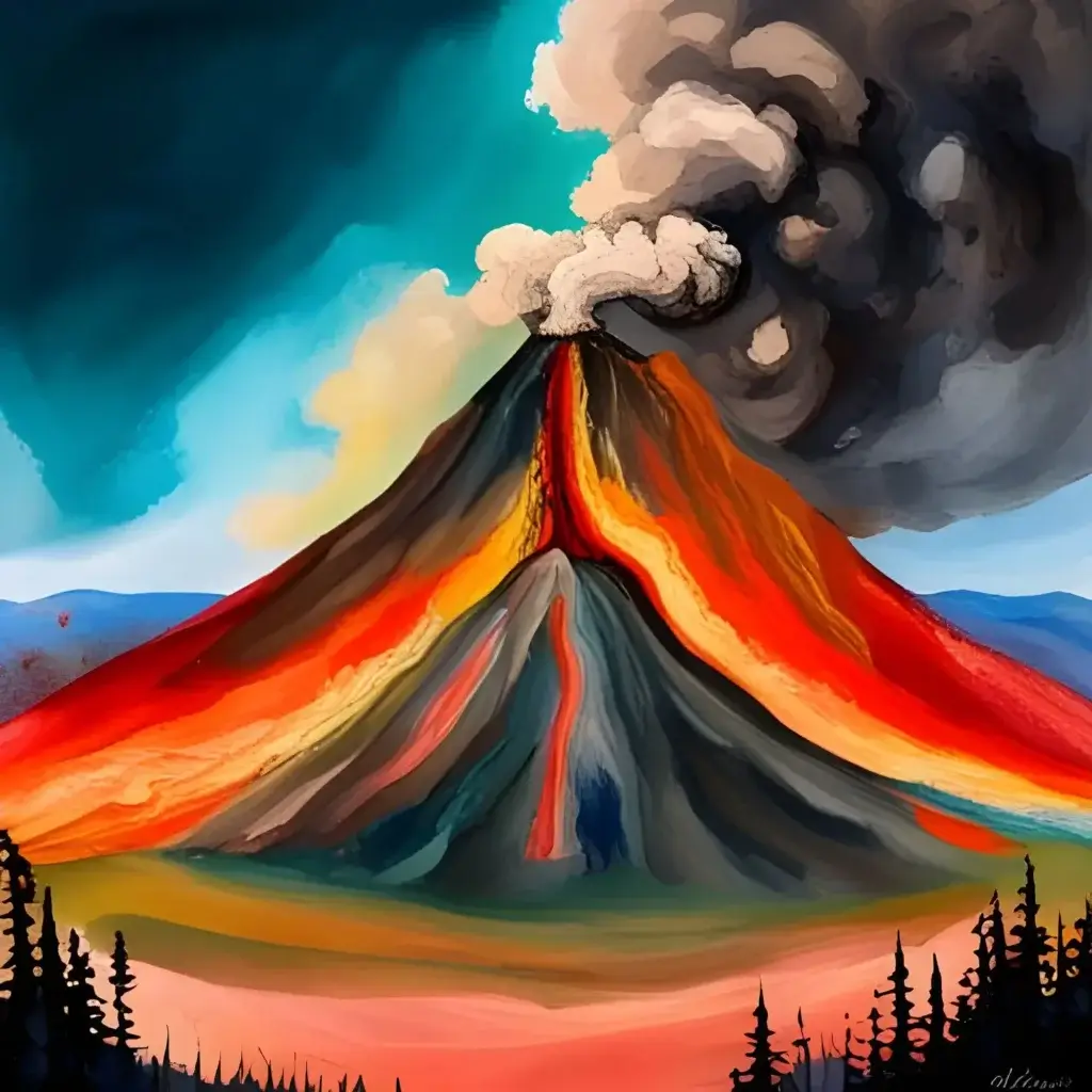 An AI-generated image of a volcano erupting, rendered in pastel colors, set against a soft and dreamlike backdrop.