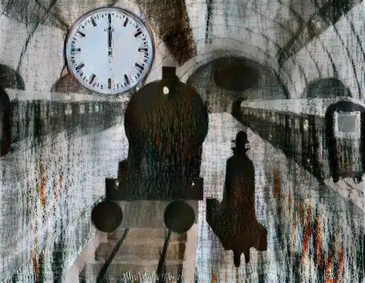 An AI-generated painting depicting the silhouette of a figure on a train station platform, with a train and a clock showing midnight in the background.