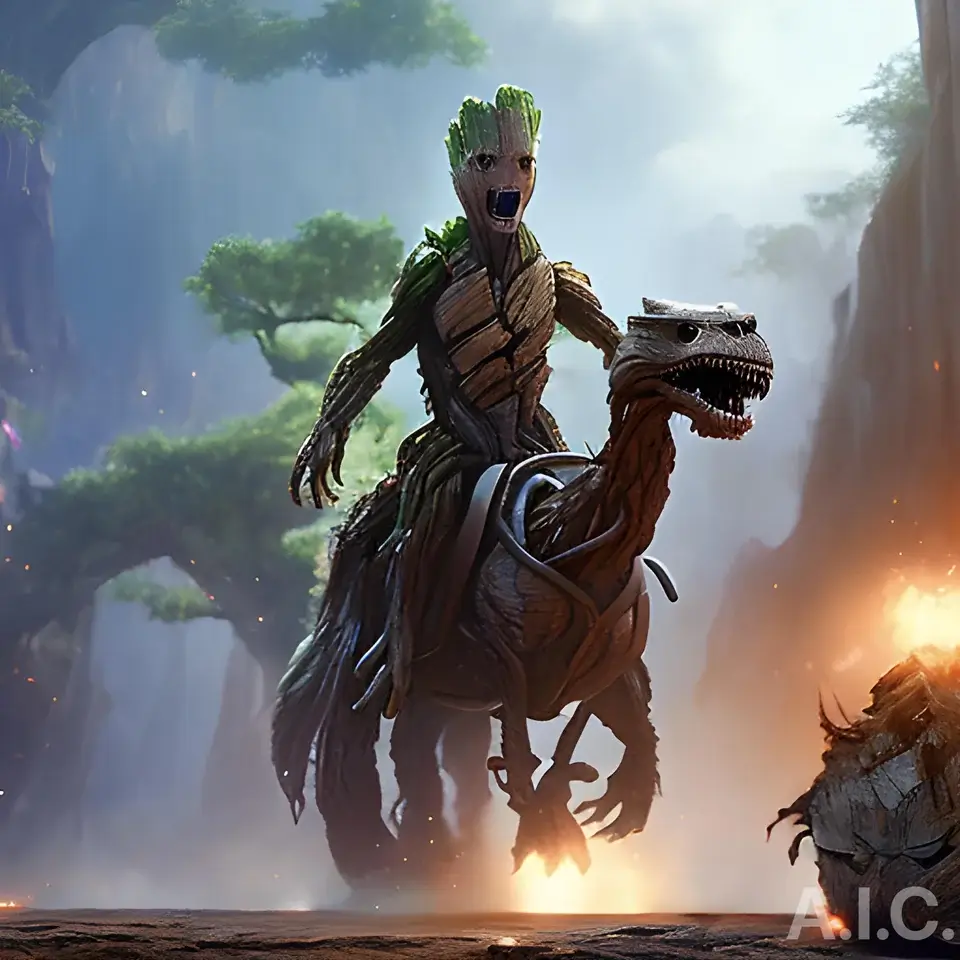 An AI-generated image featuring Marvel's Groot riding a fantastic beast, with a backdrop of trees in the background.