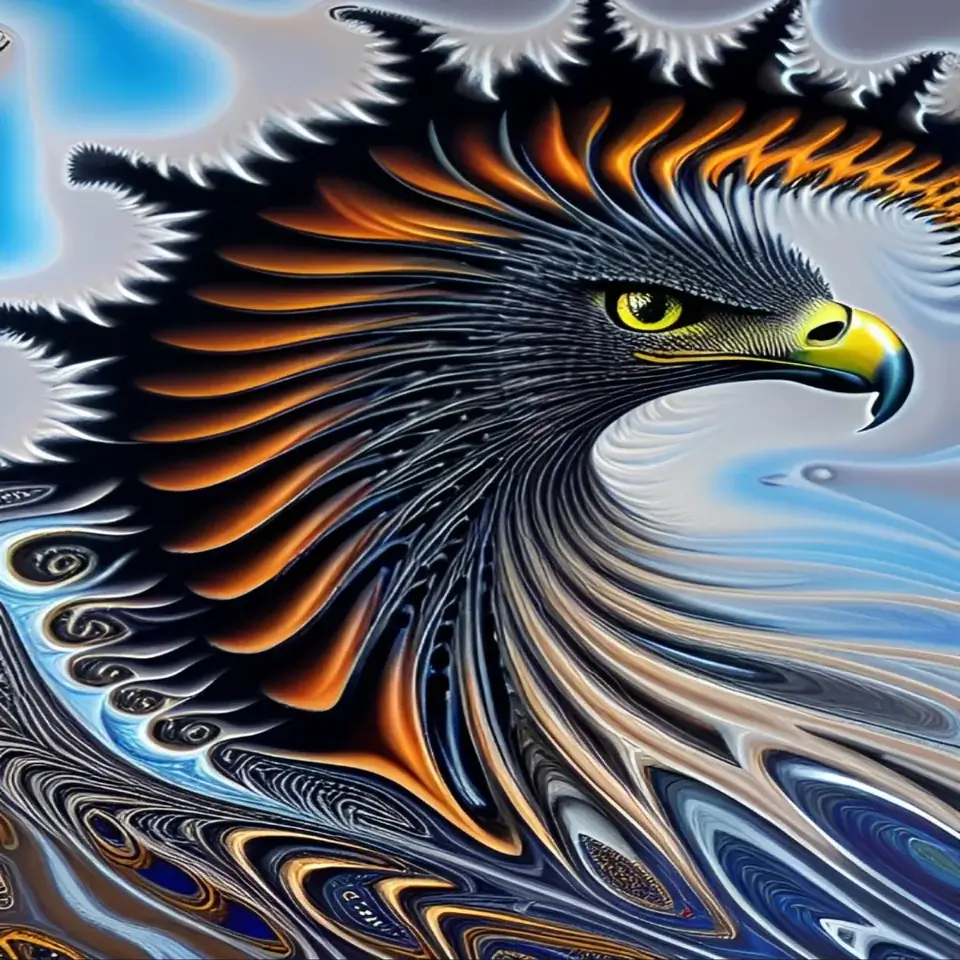 An AI-generated abstract art piece featuring a bald eagle made of intricate patterns and vibrant colors.