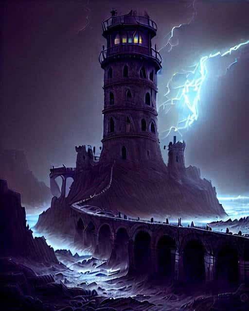 An AI-generated image of a tower on a stormy coast with lightning bolts and a bridge leading to it, creating a mysterious and eerie atmosphere