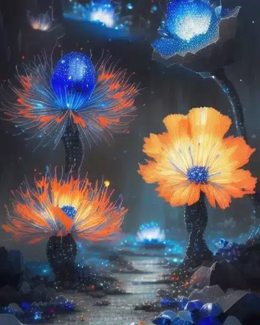An AI-generated image of illuminated flowers and underwater vegetation.