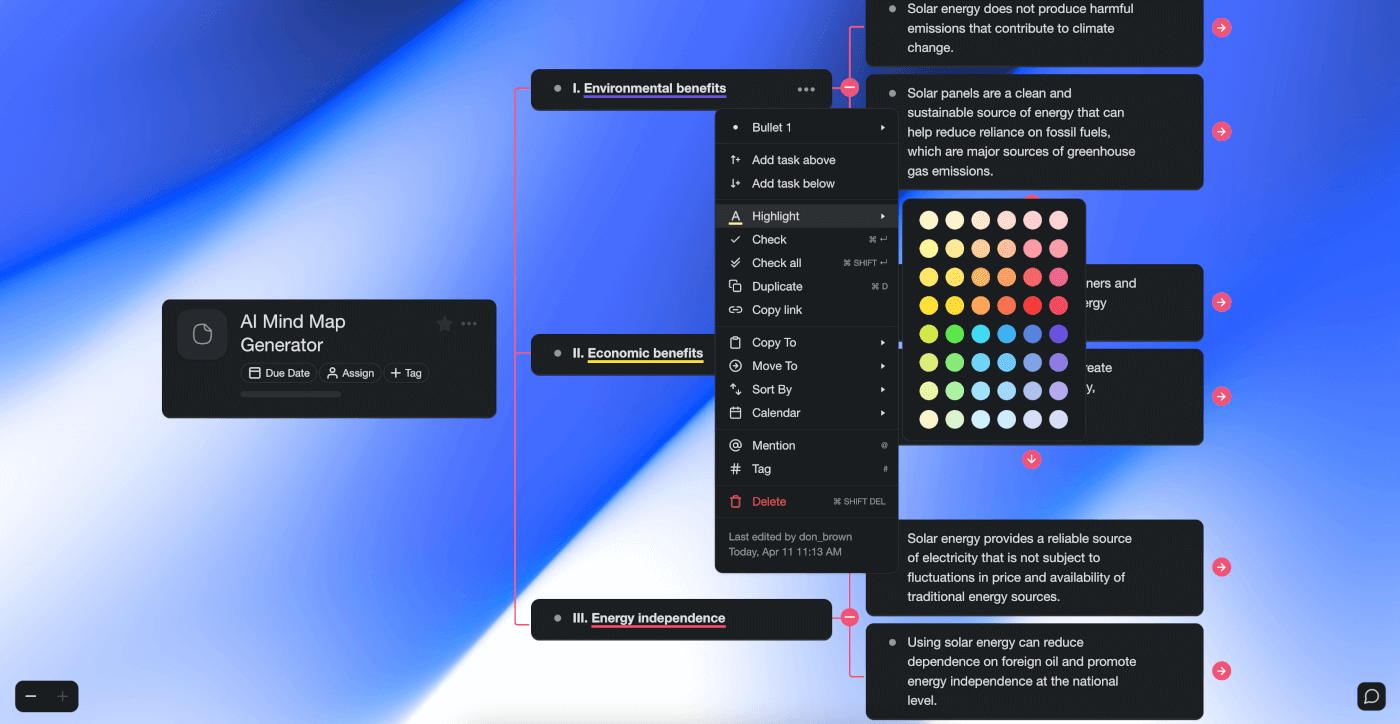 Mind map customization options.