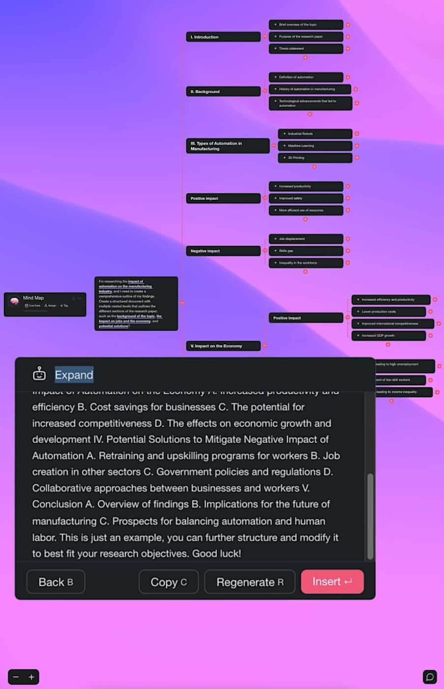 Taskade AI mind map generator interface.