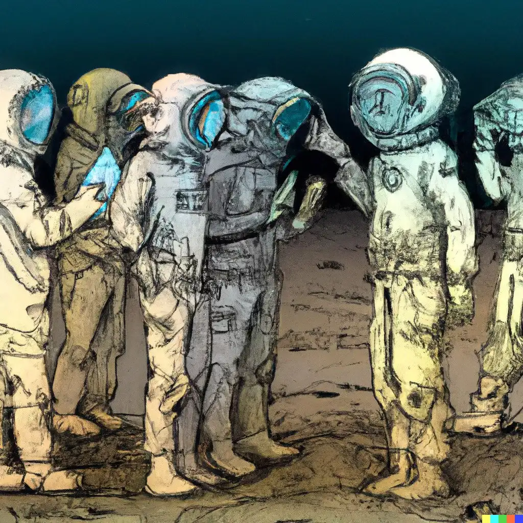 A drawing featuring a group of people wearing spacesuits interacting with each other using an universal translating device.