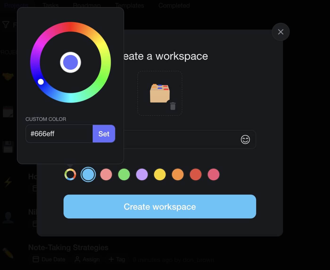 Workspace creator menu in Taskade.