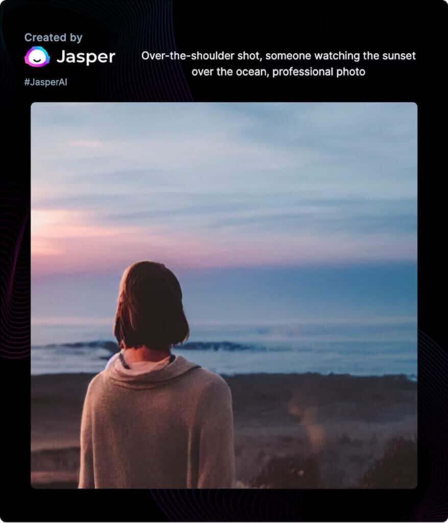 A realistic AI-generated image of a woman standing on a shore and looking at the sunset.