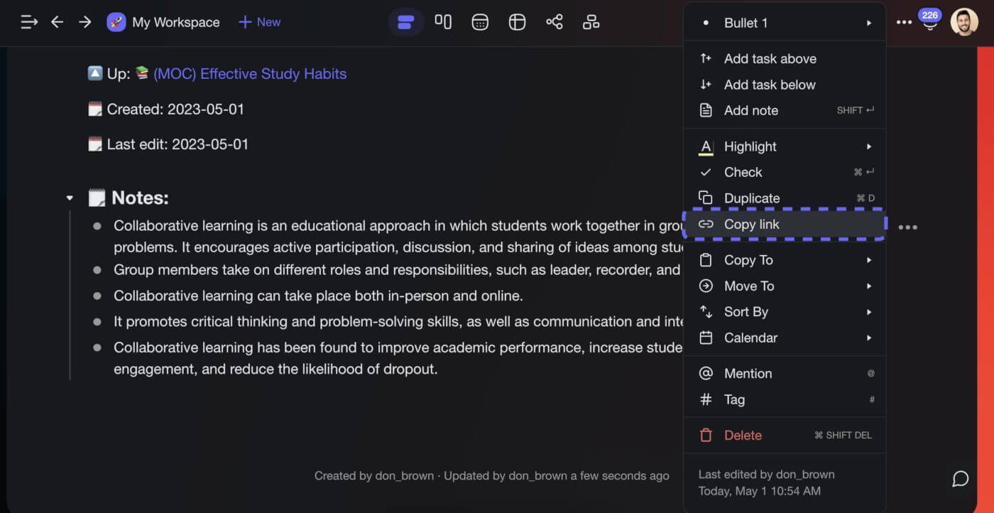 A node-level link in Taskade.