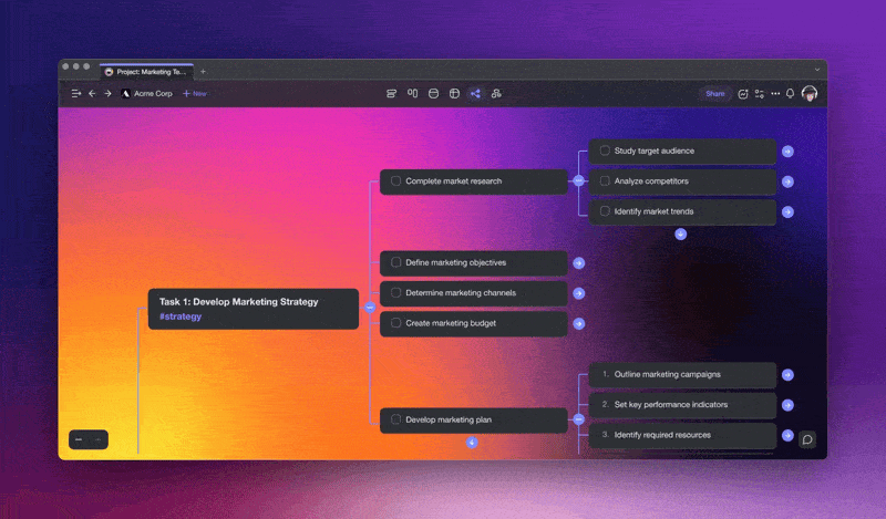 Taskade AI /subtask command in the Mind Map view.