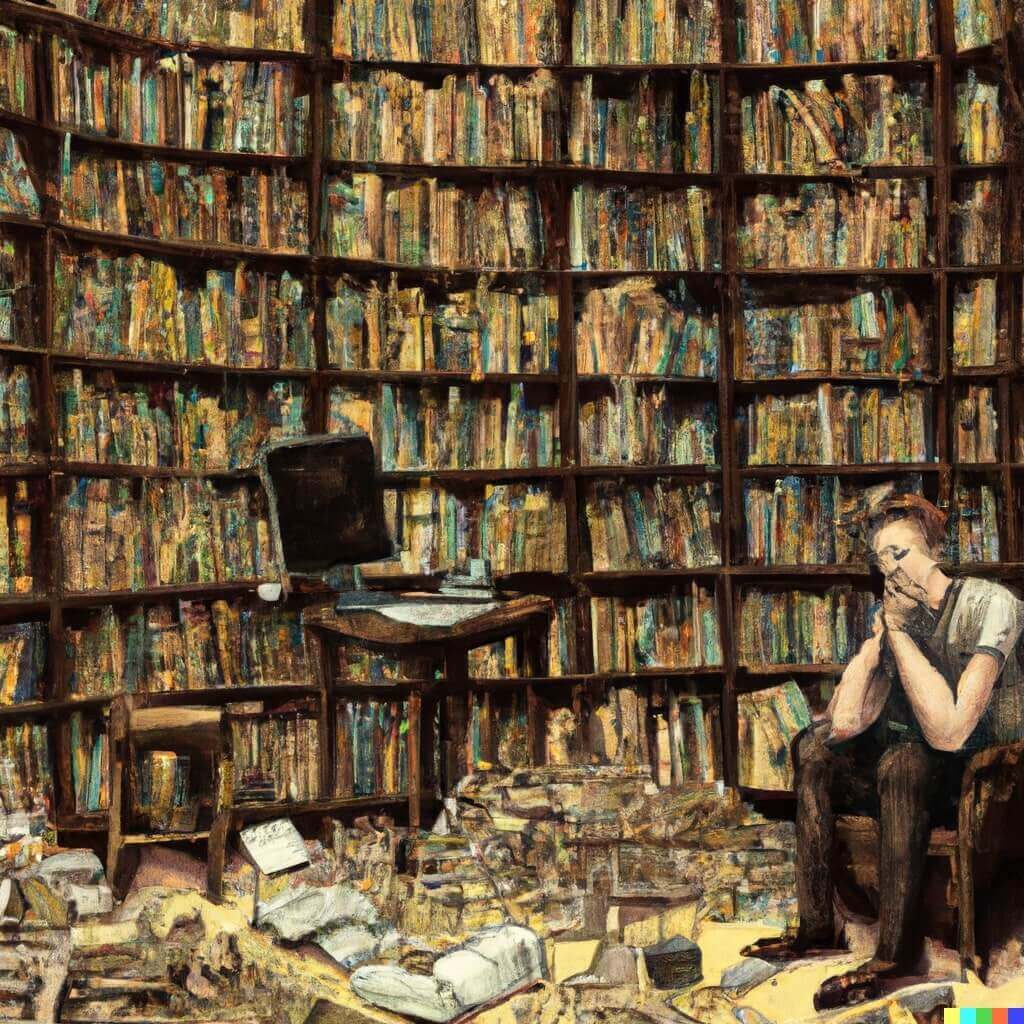 "A man sitting in a library full of useless facts," digital art by DALLE-2.
