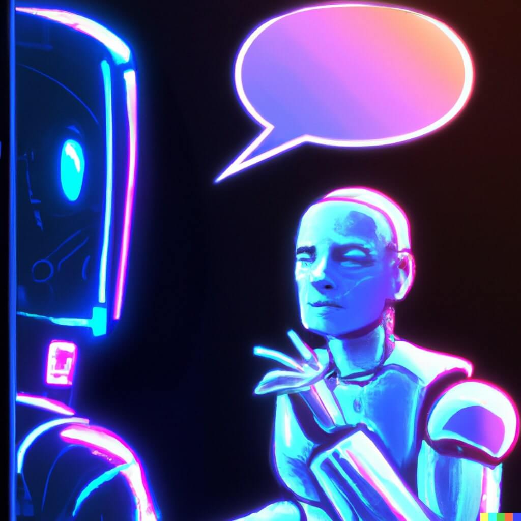 Conversation with a robot, digital art by DALL-E 2.