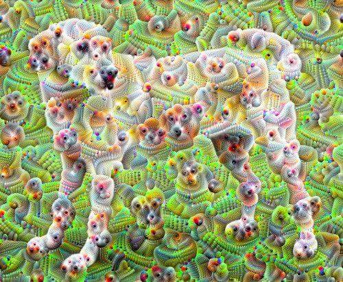 A psychodelic image of a dog generated by Deep Dream.