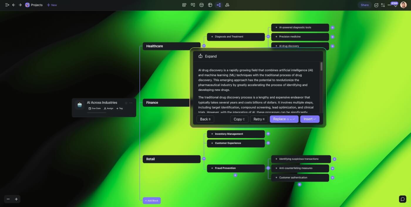 Taskade AI user interface in the mind map workflow.