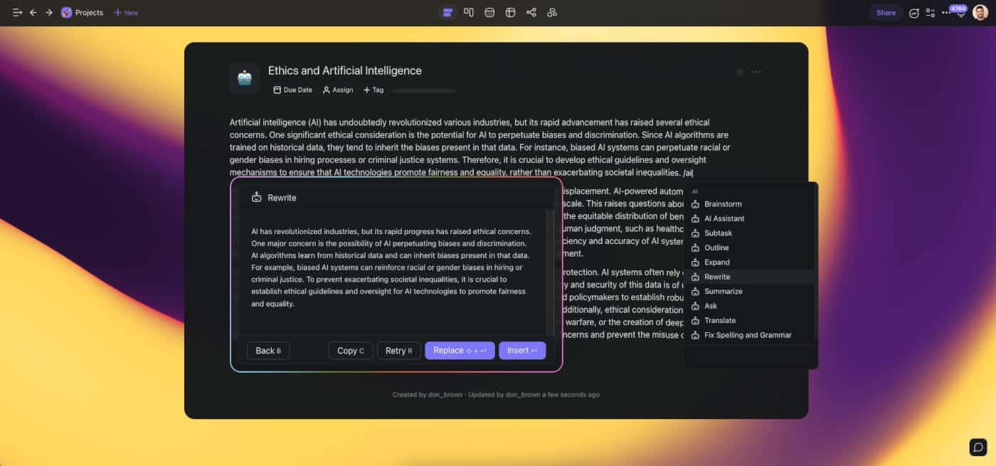 Taskade AI user interface used for rewriting a paragraph within a project.