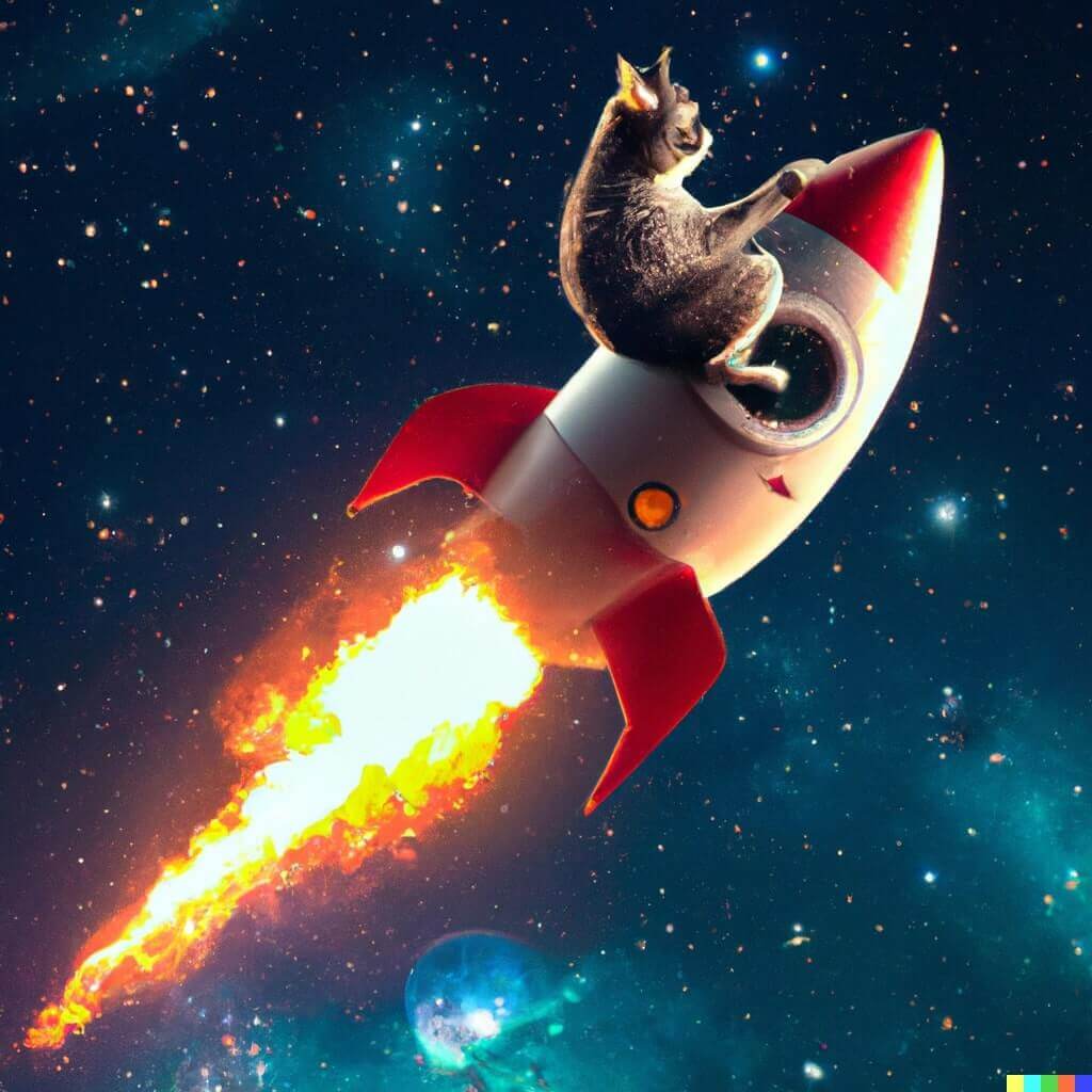 A cat riding a rocket in space, digital art by DALL-E 2.