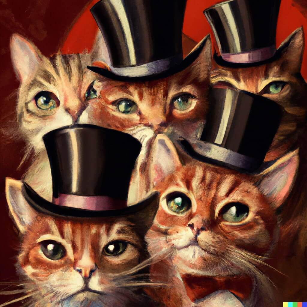 "Cats Wearing Top Hats," digital art by DALL-E 2.
