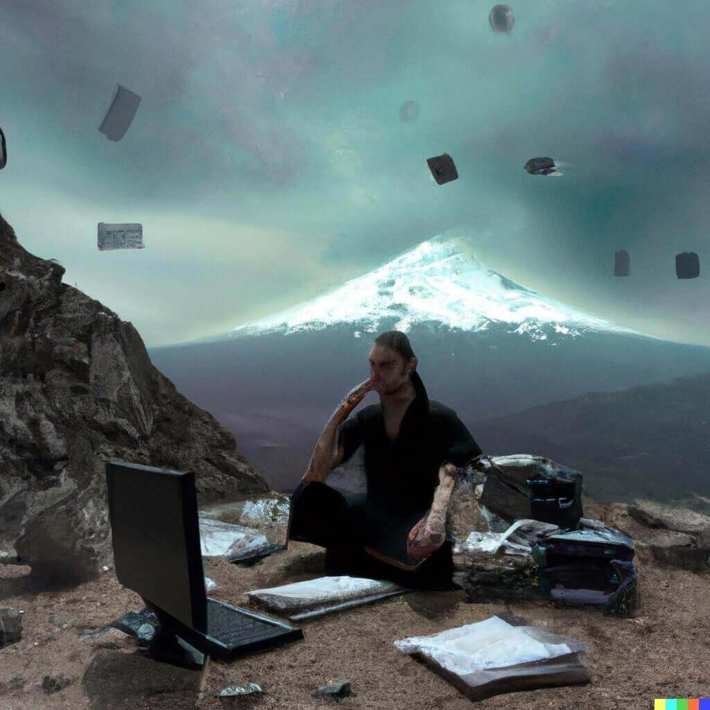A man sitting at the top of a mountain in front of a computer, digital art by DALL-E 2.