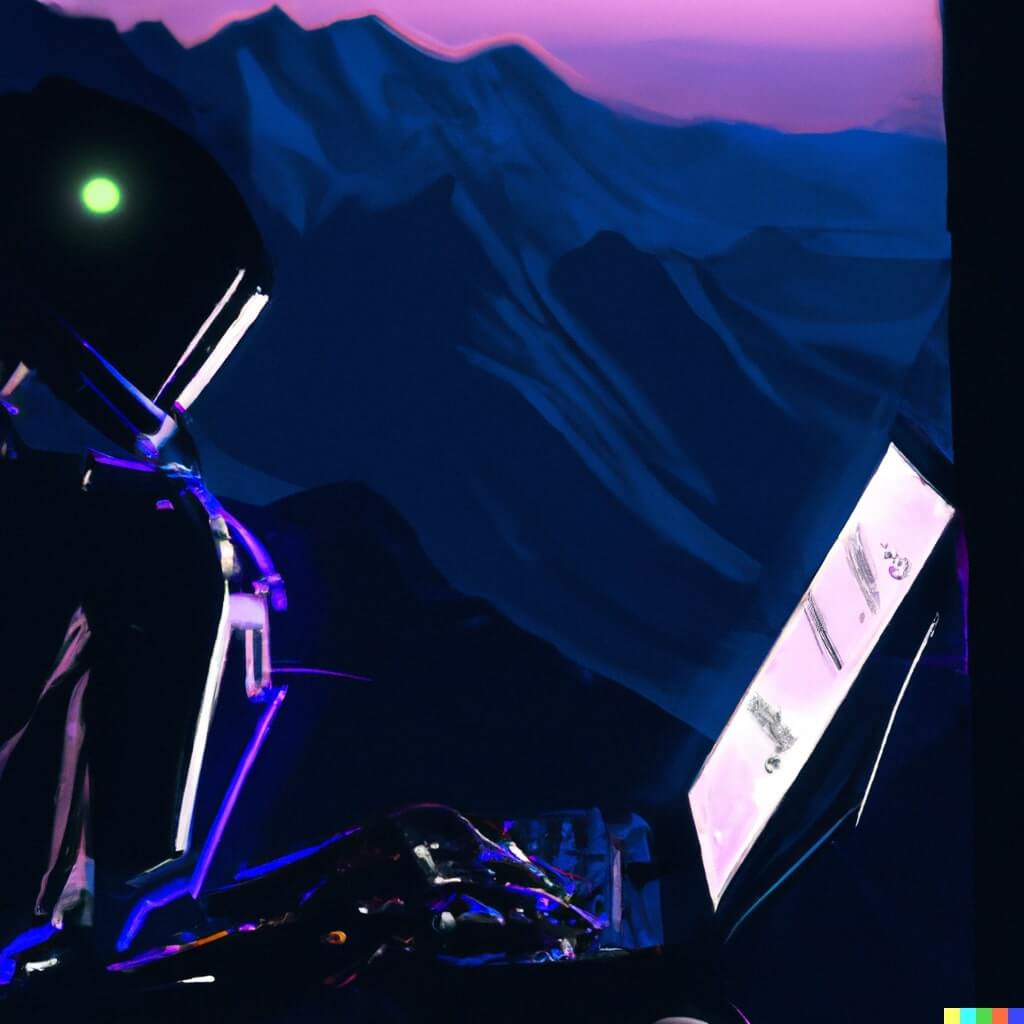 A robot typing away on a computer amidst the serene peaks of a mountain range. Digital art by DALL-E 2.