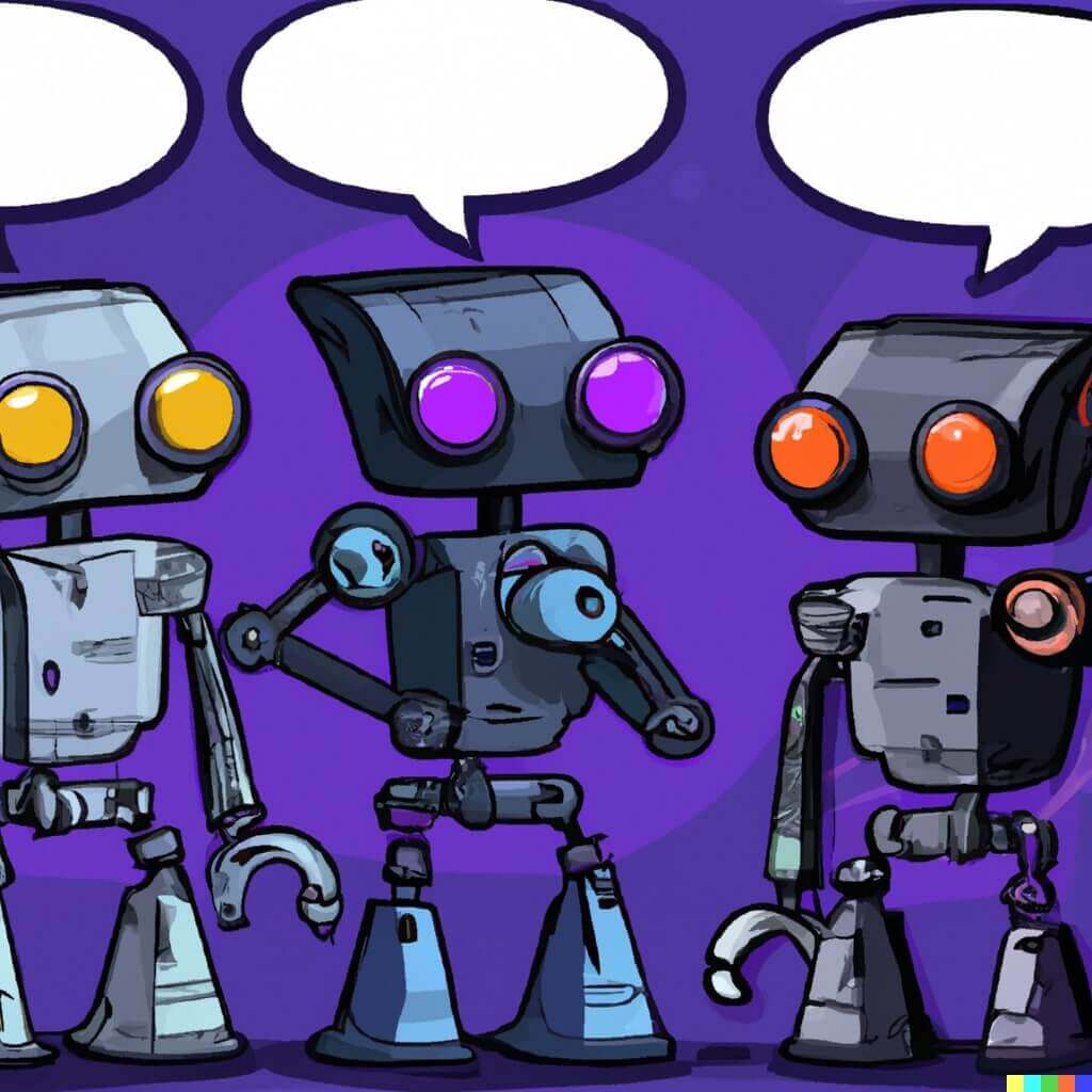 A conversation between three robots, digital art by DALL-E 2.