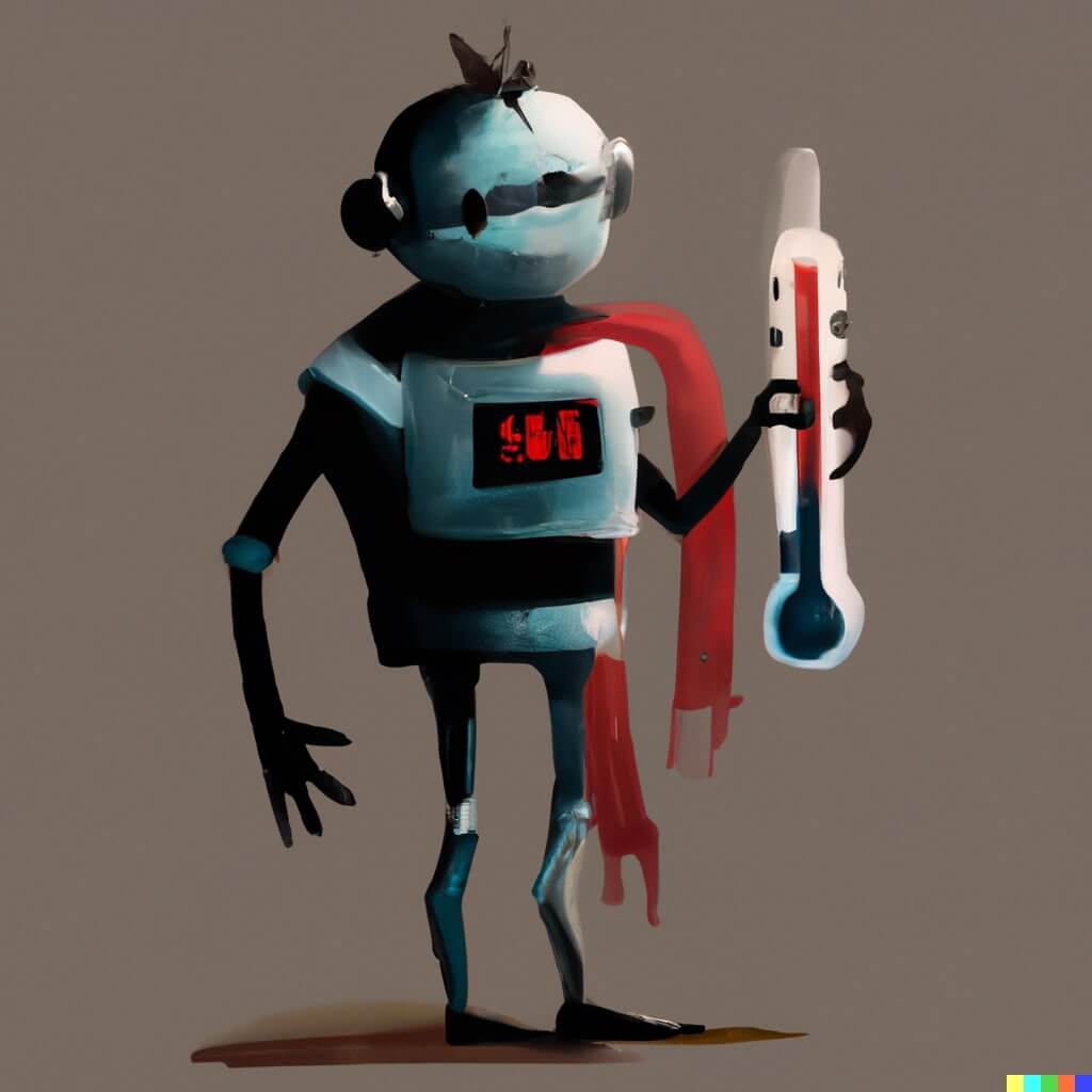 A robot holding a thermometer, digital art by DALL-E 2.
