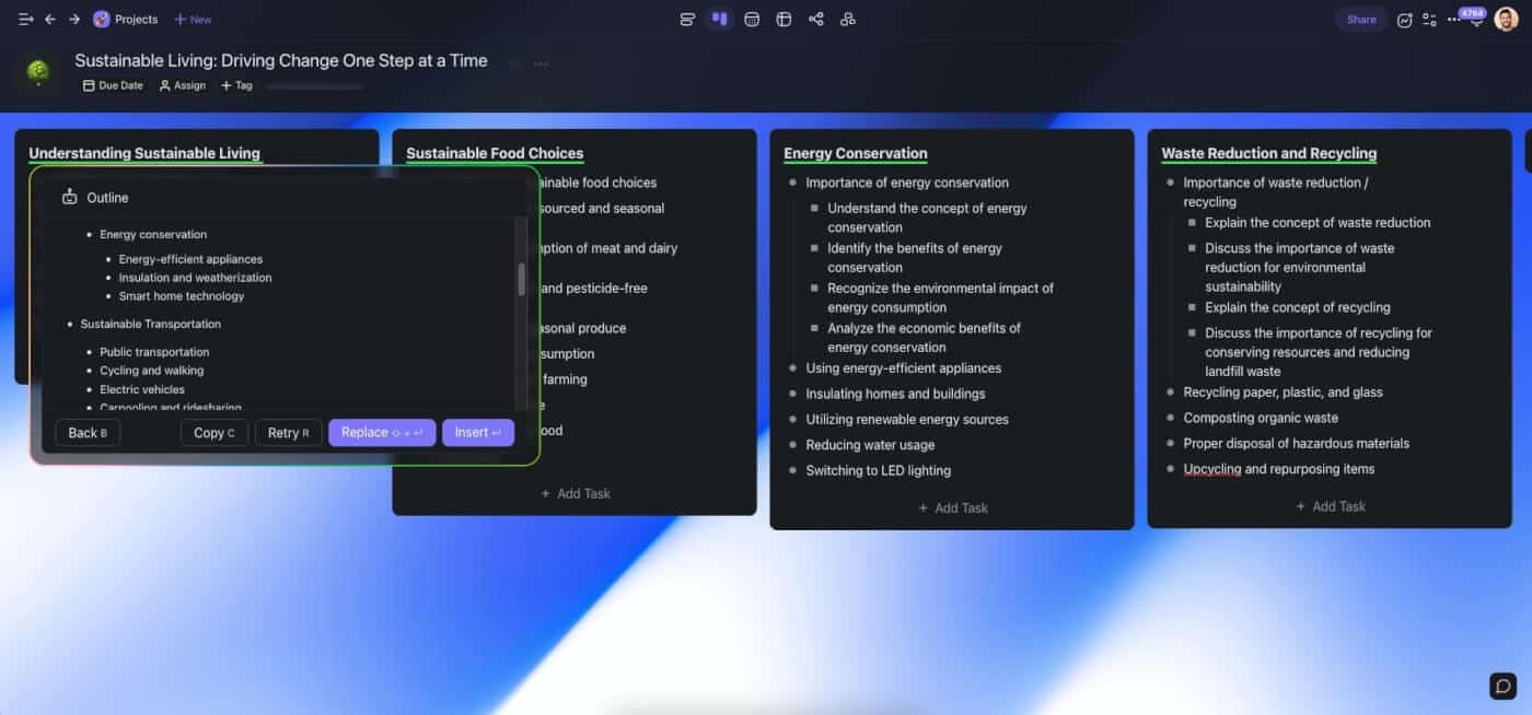 Taskade AI outlining feature.