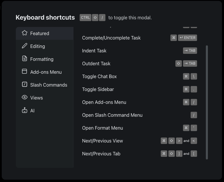 Keyboard shortcuts menu.