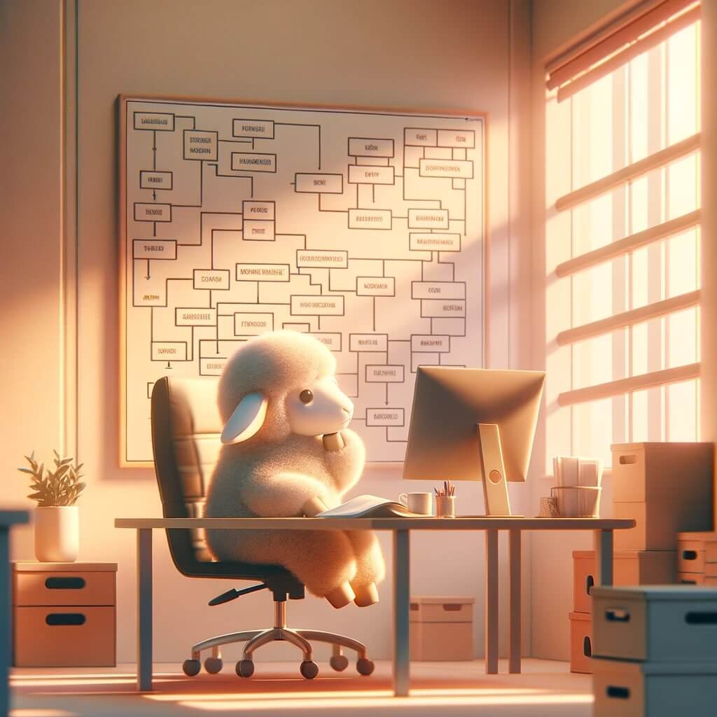 A sheep sitting at a desk with a flowchart  on the wall behind it.