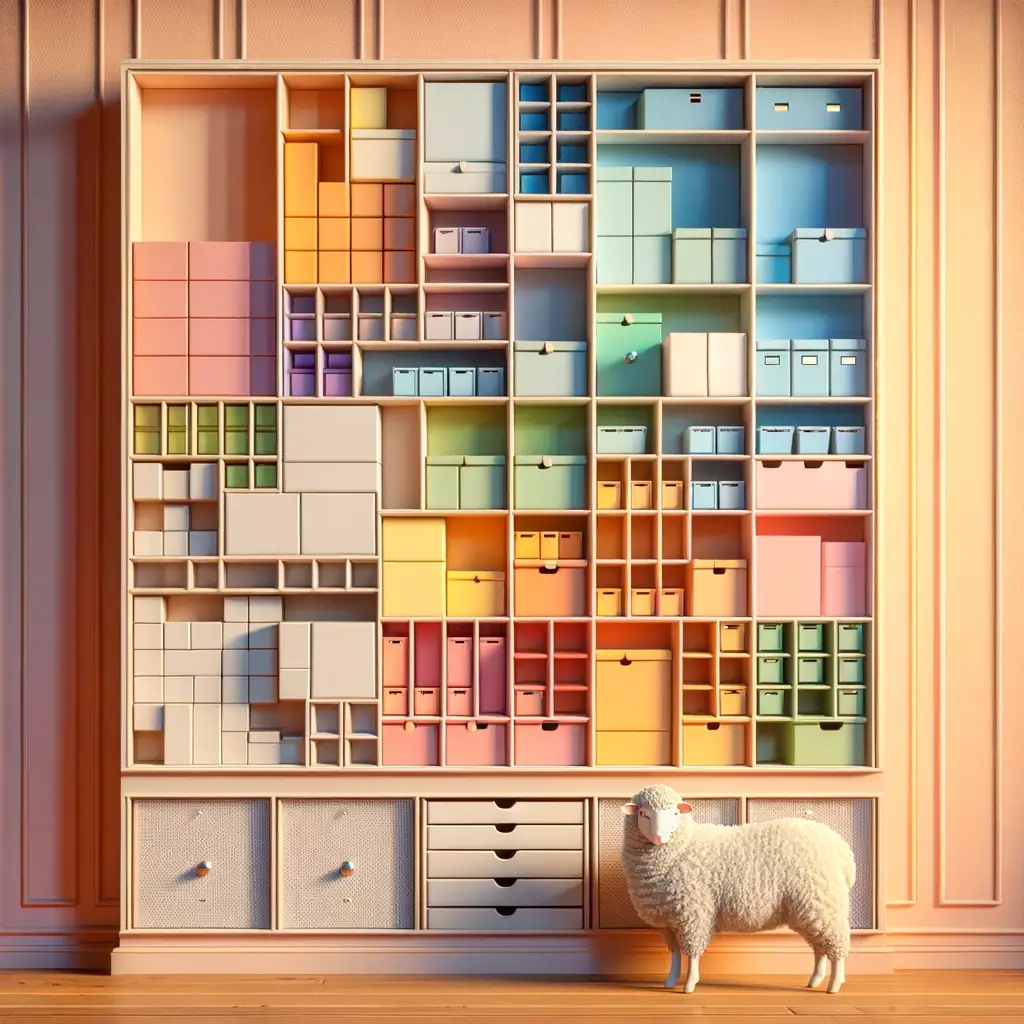 "A sheep standing in front of a wall-mounted box filled with colorful compartments. The box has many compartments, each housing variously sized and hued boxes representing tasks in a time-blocking setup."