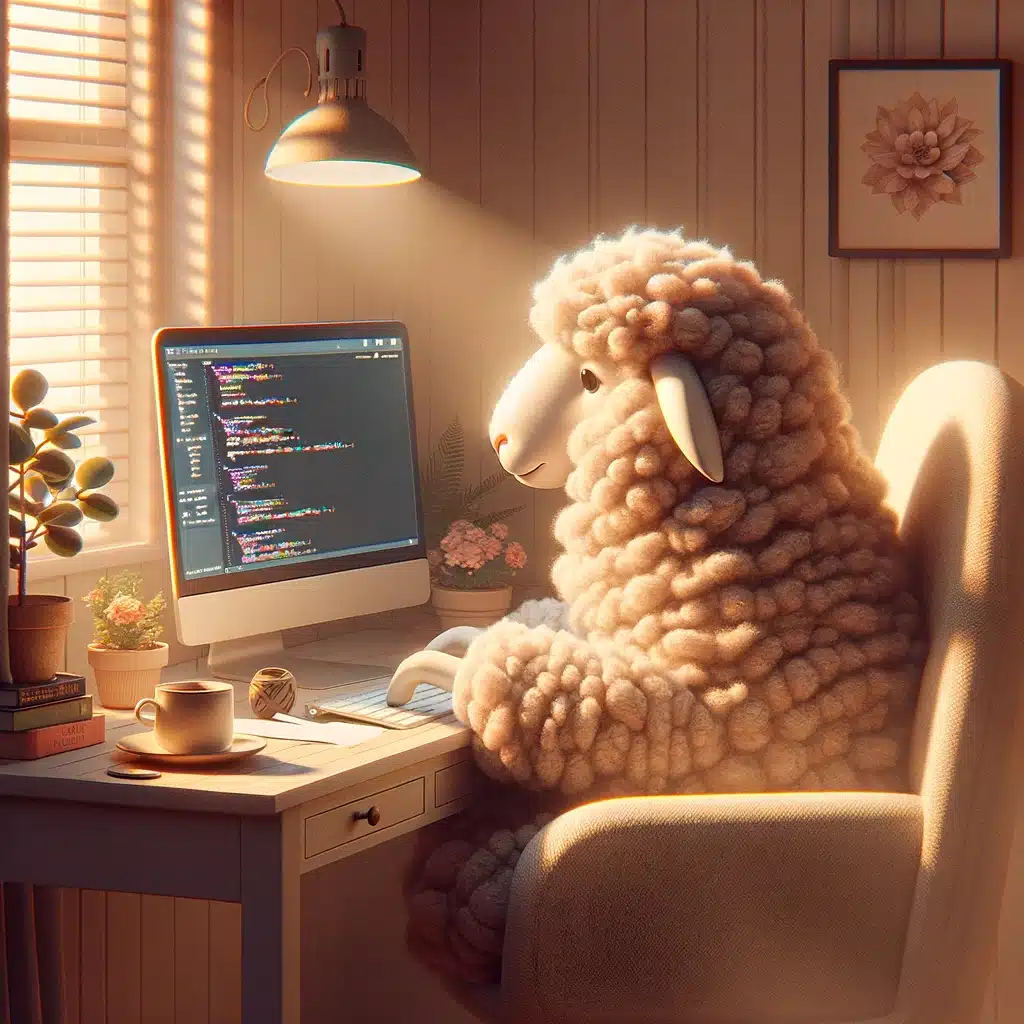 A sheep coding on a computer