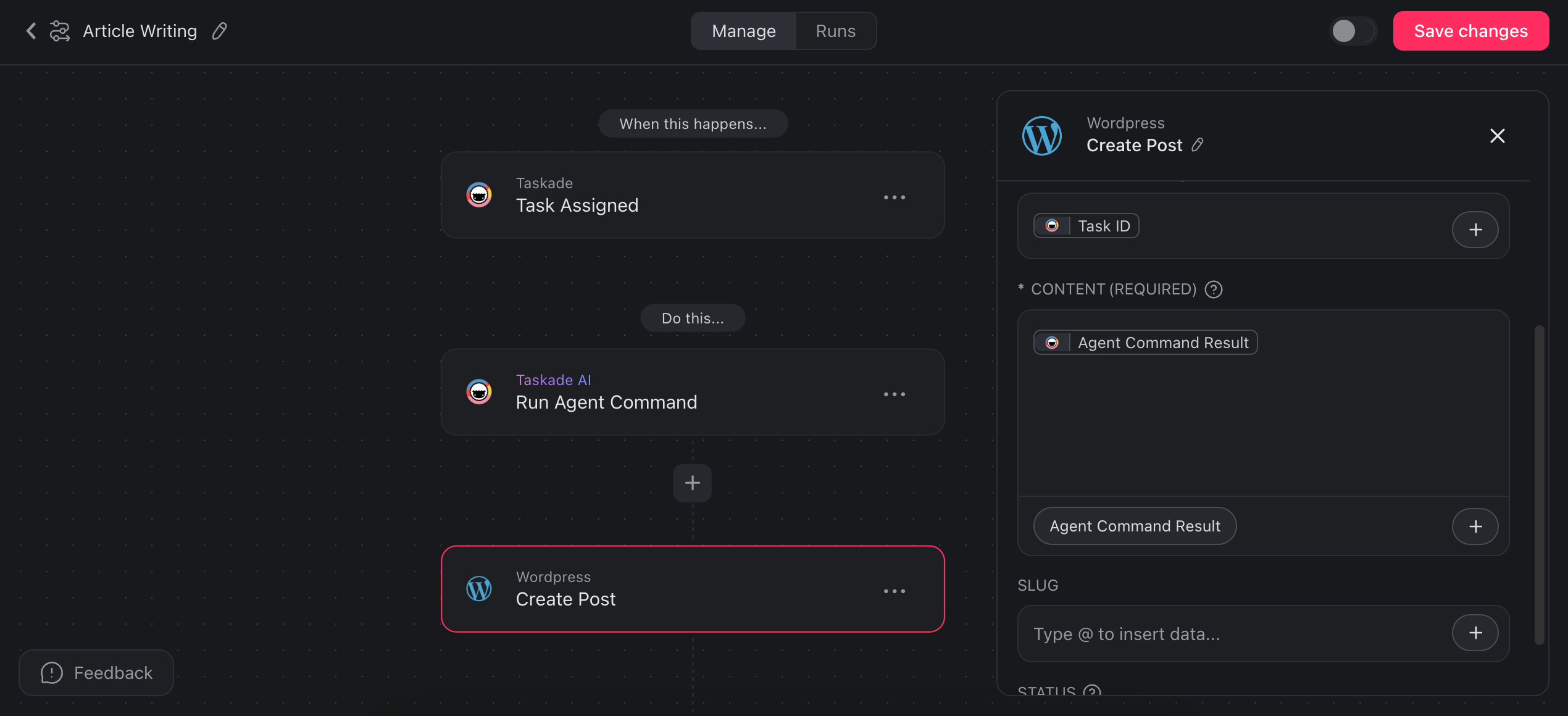 An email automation flow that converts tasks into WordPress drafts using custom AI agents.