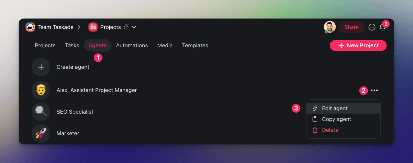 Edit Agent menu.