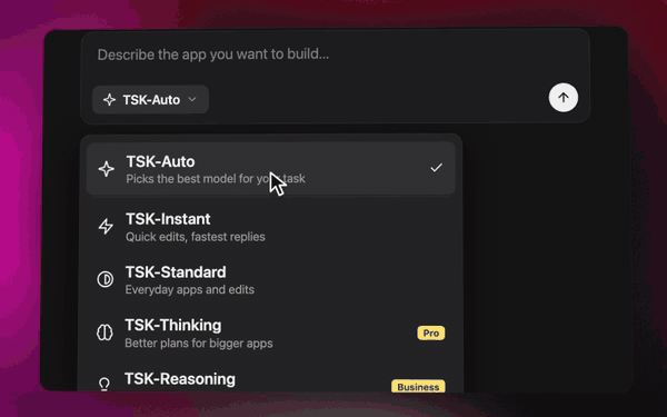 The TSK-1 model picker: TSK-1 Auto above the four TSK levels