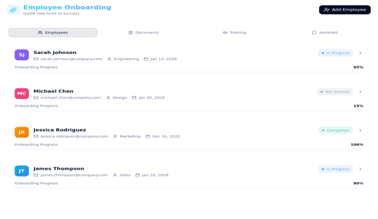 Onboarding Guide Portal with employee progress tiles, training stages, and welcome flow