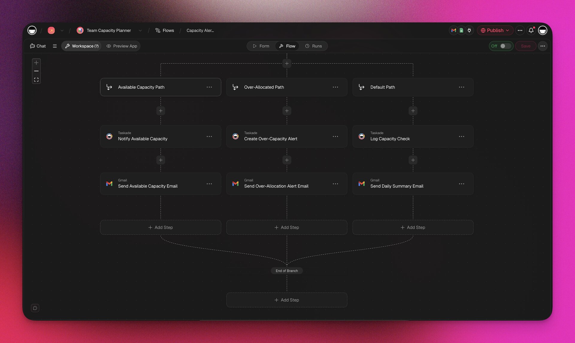 Taskade automation builder interface for scheduling workflows and booking integrations