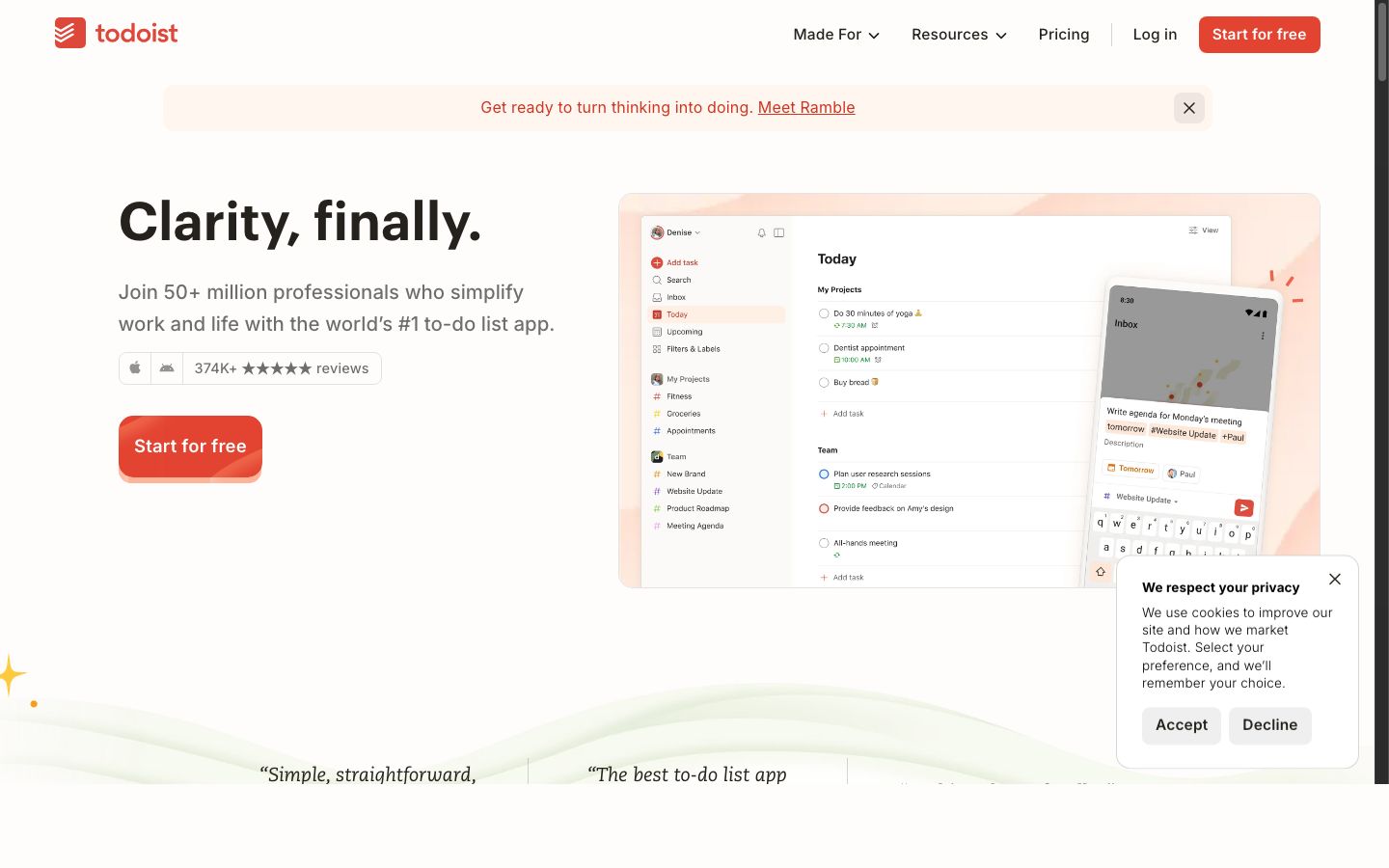 The Todoist app with a task list for today