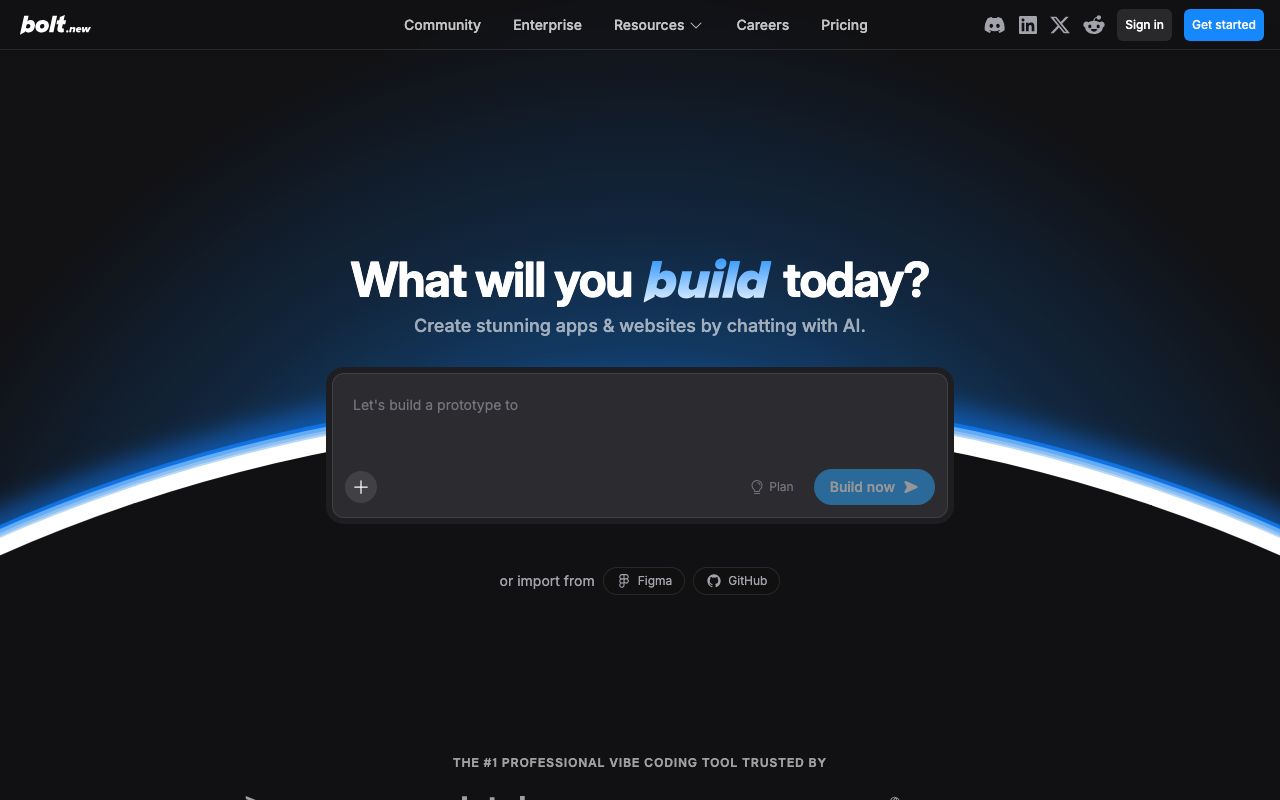 Bolt.new prompt-to-app builder homepage