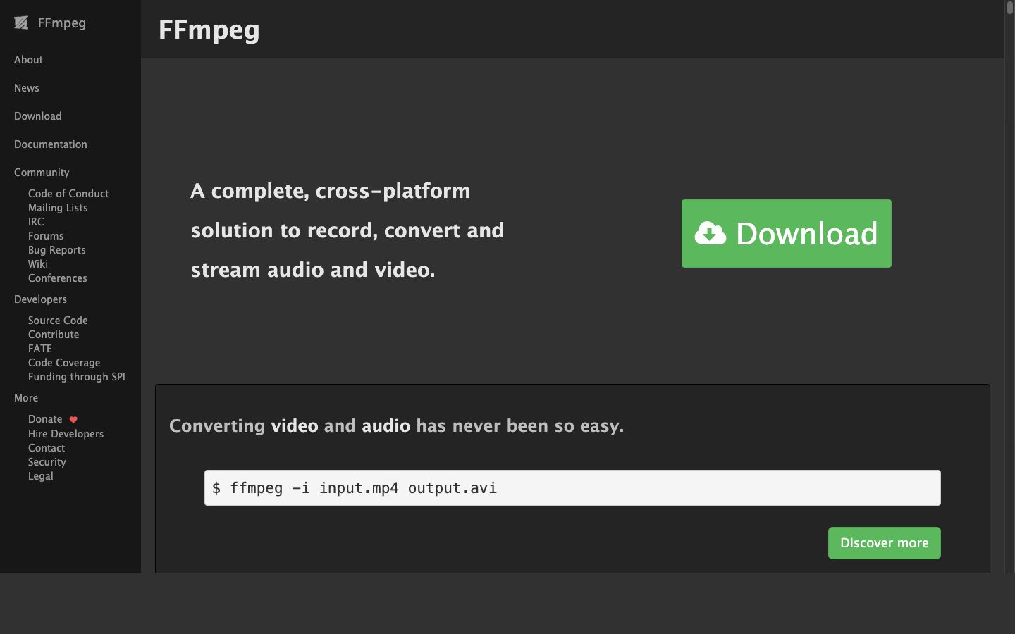 The FFmpeg project homepage — 