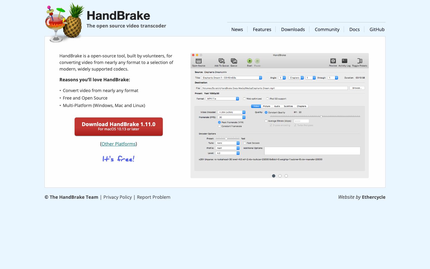 HandBrake — the popular GUI video transcoder built on FFmpeg's libraries.