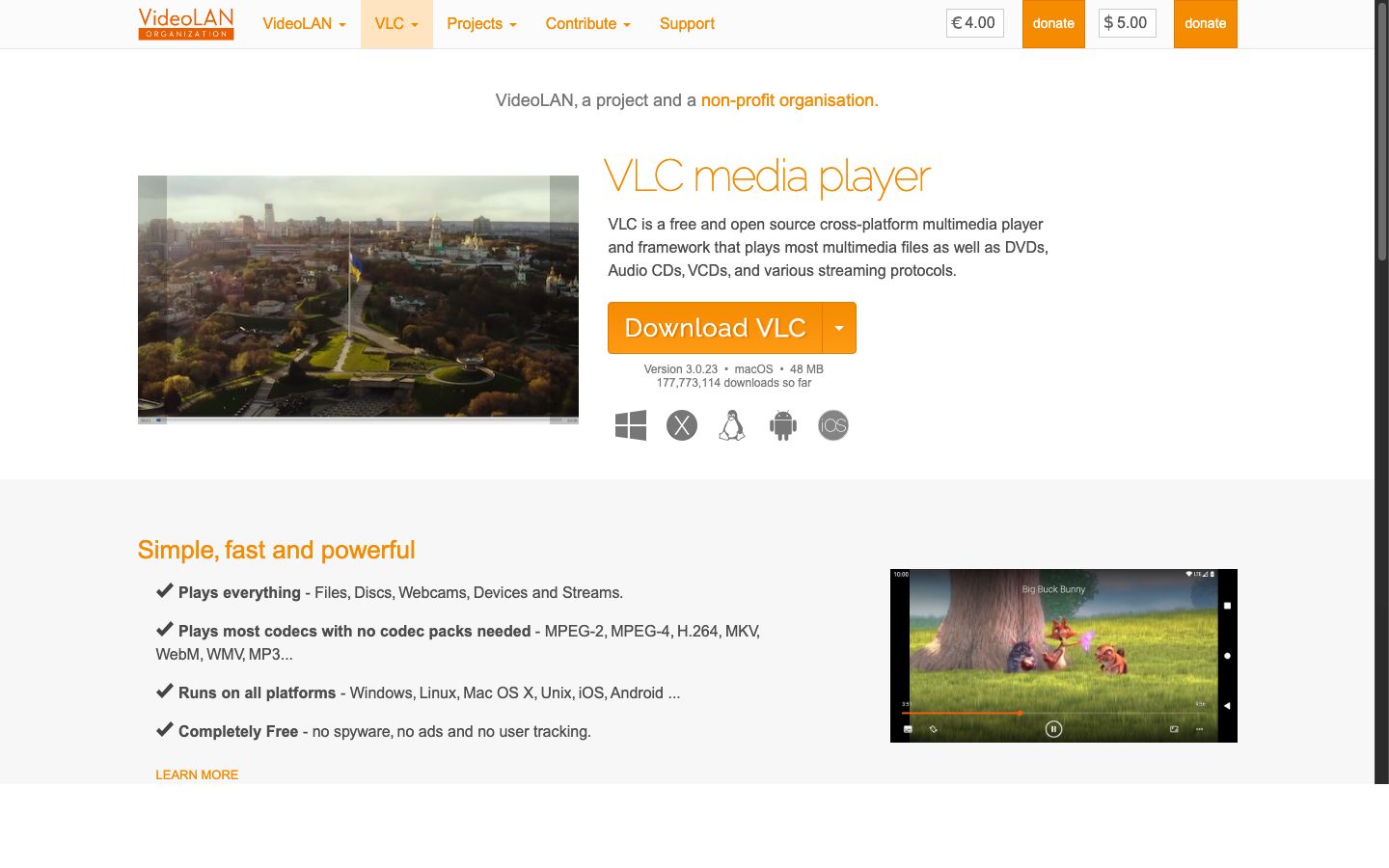 VLC media player homepage — the world's most popular media player, powered by FFmpeg's libavcodec.