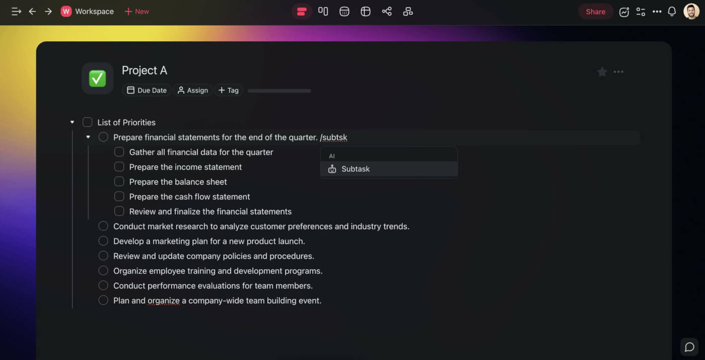 Taskade AI Subtask generator.
